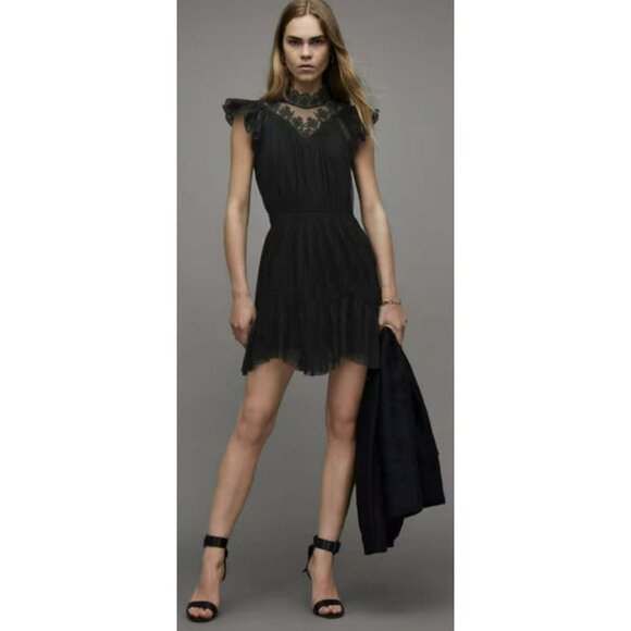 ALLSAINTS Azura Embroidered Mini Lace Dress Black Sz 2 NWOT - Picture 1 of 11